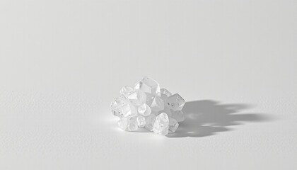 A white surface with a collection of clear crystals scattered across it. These crystals appear to be hexagonal in shape and are positioned towards the right side of the frame