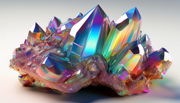 beautiful iridescent bismuth crystals sparkling on white surface