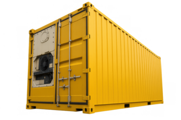 Yellow reefer container with cooling unit providing global and domestic transport for perishable goods, isolated