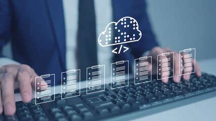 Document Management System DMS cloud computing Artificial Intelligence AI learning, Developer training a machine learning model cloud-based data documents stored on a secure cloud network. - Powered by Adobe