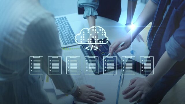 Document Management System DMS cloud computing Artificial Intelligence AI learning, Developer training a machine learning model cloud-based data documents stored on a secure cloud network. - Powered by Adobe