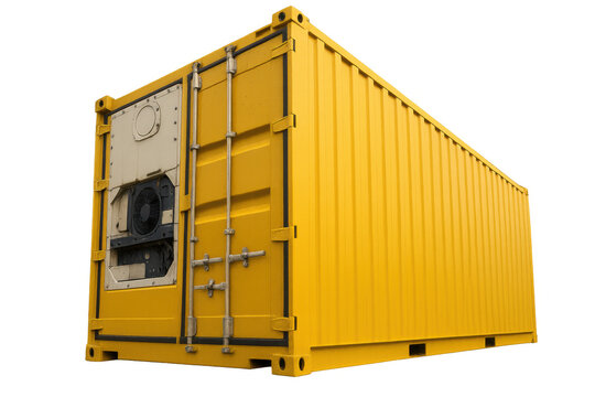 Yellow reefer container with cooling unit providing global and domestic transport for perishable goods, isolated