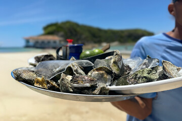 Close-up view of fresh oysters served on a tray with crushed ice and whole limes, held by a vendor on a sunny beach.