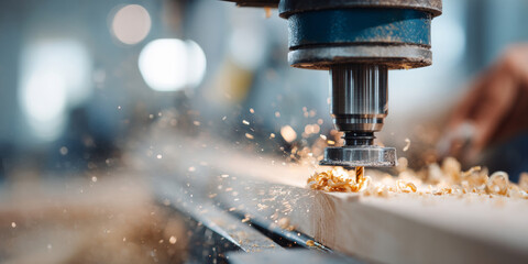 Close-up of CNC milling machine cutting wood with flying sawdust and wood shavings in a woodworking workshop environment