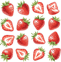 Set of Realistic Strawberry Fruits Whole and Sliced Vector Illustration - Watercolor Food Graphic