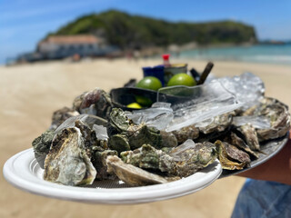 Close-up view of fresh oysters served on a tray with crushed ice and whole limes, held by a vendor on a sunny beach.