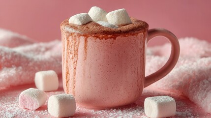 Mug of hot chocolate with marshmallows on soft cream background cozy winter drink