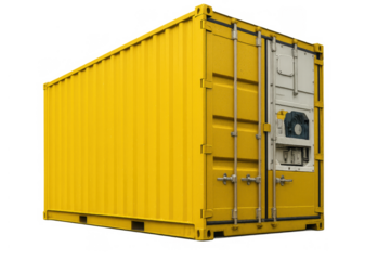 Yellow refrigerated shipping container transporting temperature sensitive cargo, a reefer unit for global logistics and freight