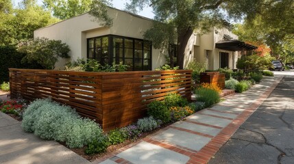 Obraz premium Elegant modern garden with wooden horizontal fence and decorative plants