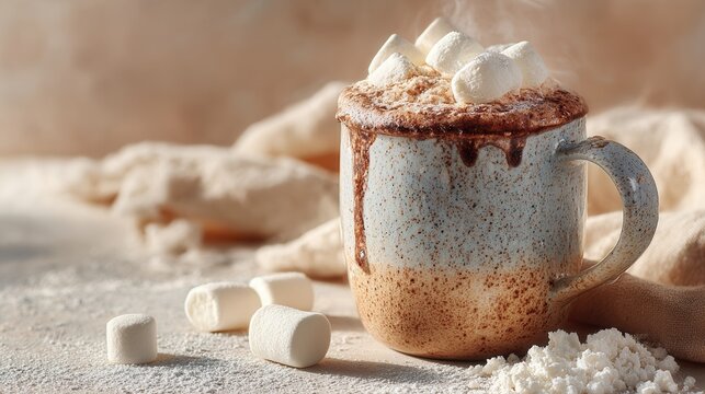 Mug of hot chocolate with marshmallows on soft cream background cozy winter drink