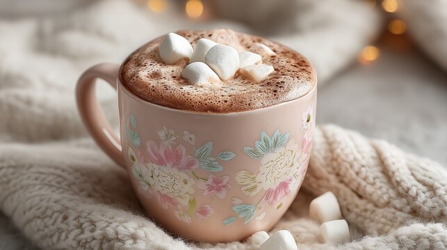 Mug of hot chocolate with marshmallows on soft cream background cozy winter drink