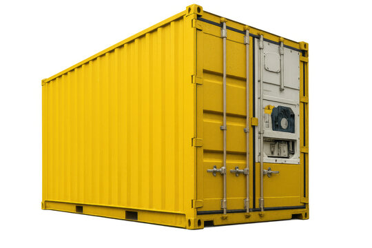 Yellow refrigerated shipping container transporting temperature sensitive cargo, a reefer unit for global logistics and freight