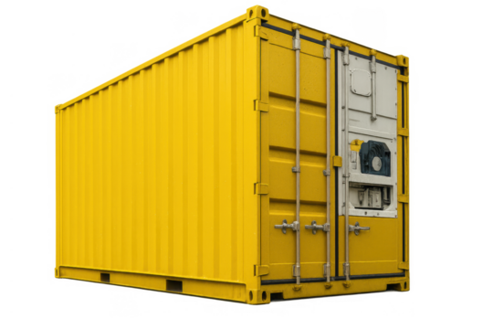 Yellow refrigerated shipping container transporting temperature sensitive cargo, a reefer unit for global logistics and freight