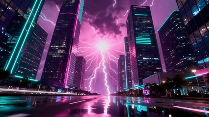 Electric Cityscape: Lightning Strikes Amidst Neon-Lit Skyscrapers at Night - Powered by Adobe