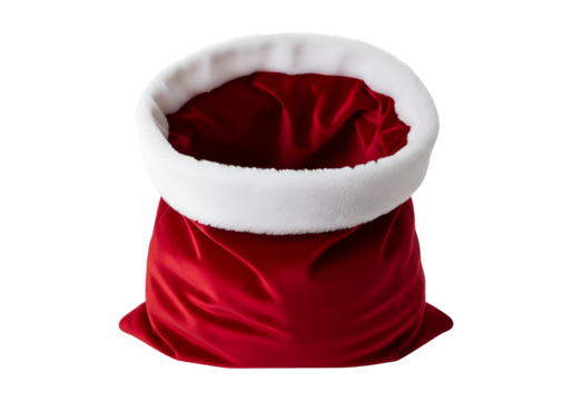 Red textile santa bag opened isolated on transparent background