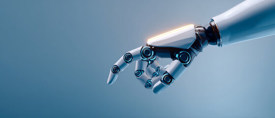 Close-up of a futuristic robotic hand with articulated fingers against a smooth blue gradient background, showcasing advanced technology and mechanical design