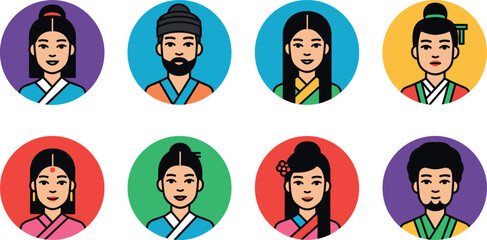 Traditional,East,Asian,Portraits,Stylized,Avatars,Cultural,Diversity,Cartoon,Character,Minimalist,Design,Circle,Background,Colorful,Flat,Art,Icon,People,Illustration