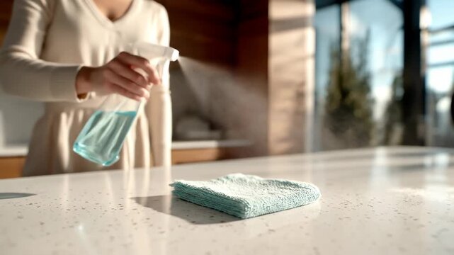 Surface cleaning with spray bottle and cloth home hygiene
