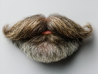 Lips are creatively replaced with a stylish graying mustache and beard, offe a humorous and unique surreal portrait on plain background.