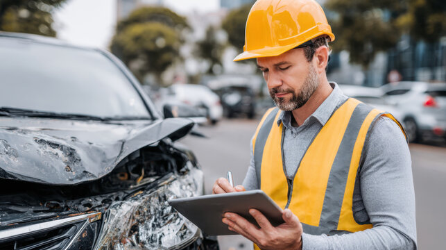 Male insurance adjuster in safety vest and hard hat inspecting damaged car with digital tablet on city street, documenting accident scene with focused expression and professional posture
