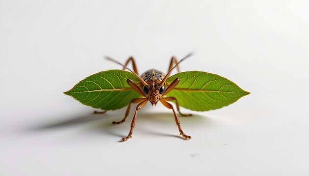 A unique insect resting on an intricate leaf like structure. The creature's body contrasts with the green of the leafy perch, suggesting it is not native to this environment