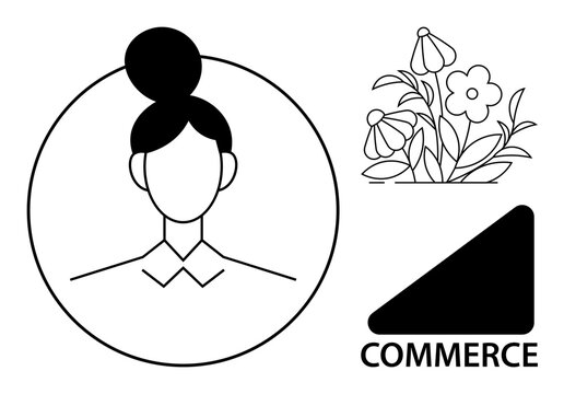 Monochrome design with a woman s portrait inside a circle, floral pattern, and triangle labeled commerce. Ideal for business, branding, feminism, floral themes, economy, simplicity and minimal