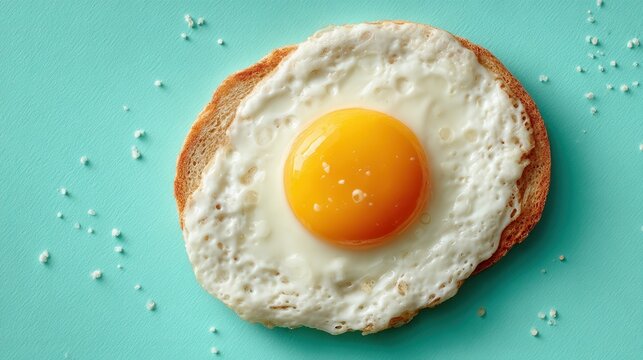 Fried egg on pastel green background breakfast concept