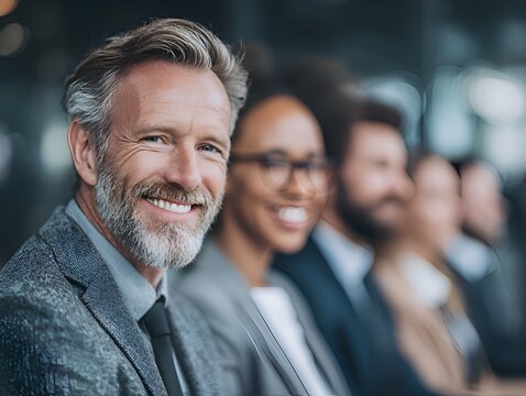 A smiling mature businessman with grey hair sits in a row with diverse colleagues at an event, exuding professionalism and confidence.