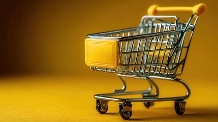 Shopping cart miniature on yellow background e-commerce concept
