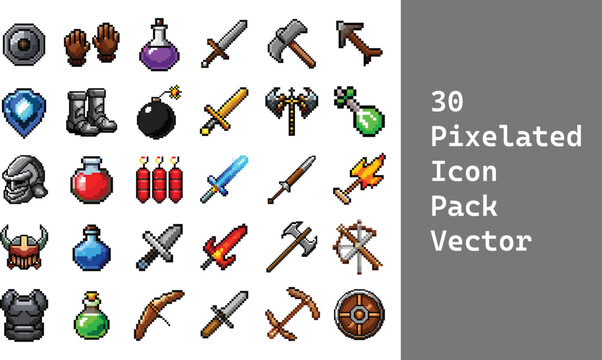 30 Pixelated icon pack of ancient weapons Vector