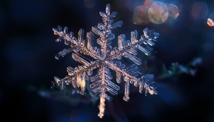 macro snowflake sparkling on dark background revealing intricate ice crystal structure