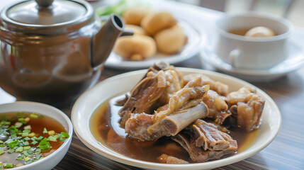Bak kut teh or Bakut is a pork rib dish cooked in broth, served in Malaysia and Singapore. Bak kut teh and tea pot. Bak kut teh with dough fritters