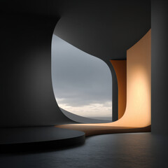 Minimalist curved stage with matte black and warm golden backdrop, soft natural light through large sculptural opening, serene cloudy seascape visible in distance, elegant modern interior mood