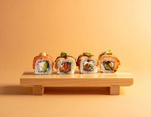 Four Pieces of Sushi on Wooden Board Against Orange Background