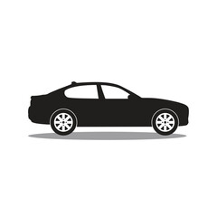 Naklejka premium Black silhouette of a sedan car on a white background Keywords: car, automobile, vehicle, sedan