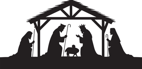 Black silhouettes depict shepherds and kings visiting baby Jesus under stable roof