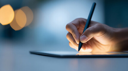 Close-up of hand using digital pen on tablet with blurred background and warm lighting for creative digital drawing or writing