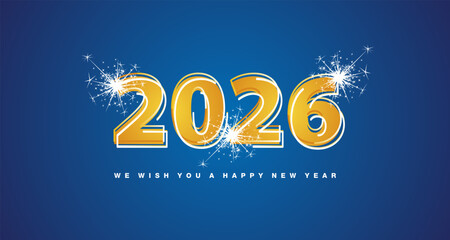 2026 New Year modern gradient orange yellow numbers logo design on blue background with white and yellow concept neon light line shaped numbers over all