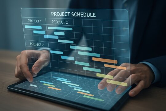 Professional managing project schedules using a digital Gantt chart interface on a tablet, symbolizing modern project management and organizational strategy.