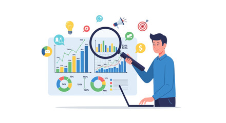 Modern Style Man Analyzes Data with Magnifying Glass and Laptop Illustration