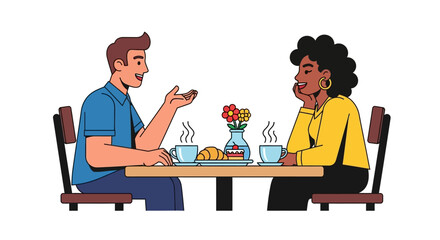 Flat Style Illustration of Two People Chatting at a Cafe