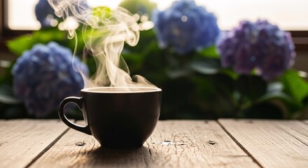Steaming Hot Coffee Cup on Wooden Table with Hydrangeas in Background