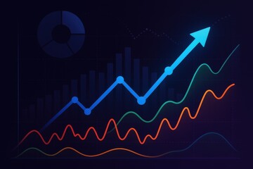 Stylized financial data visualization with multiple colorful graphs indicating upward trends. Concept of analytics, growth, and data-driven decision making in business.