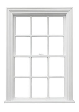 Ornate white window frame isolated on a transparent background