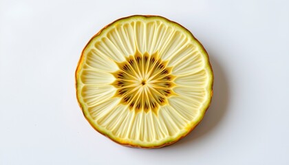 A slice of grapefruit with its rind and flesh neatly cut into segments against a white background.