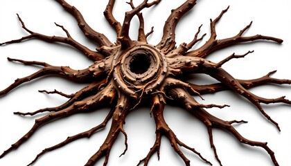 An artistic tree trunk with multiple branch like structures, set against a stark white background.