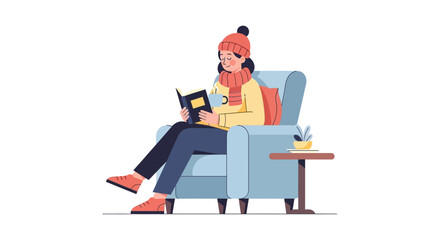 Flat Illustration of a Woman Reading Book Relaxing on Armchair