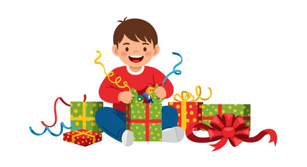 Naklejka premium Cheerful Cartoon Boy Opening Colorful Presents with Ribbons Illustration