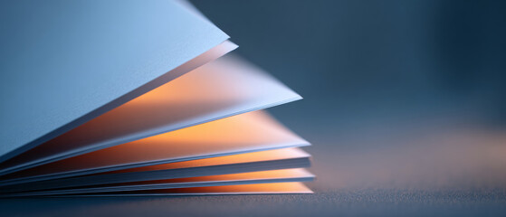 Close-up of open book pages with soft warm light illuminating edges against dark blurred background