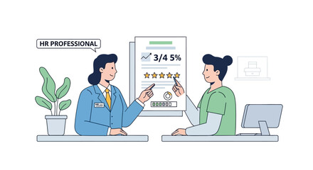 Modern Line Illustration of HR Professional Giving Employee Review in Office Environment